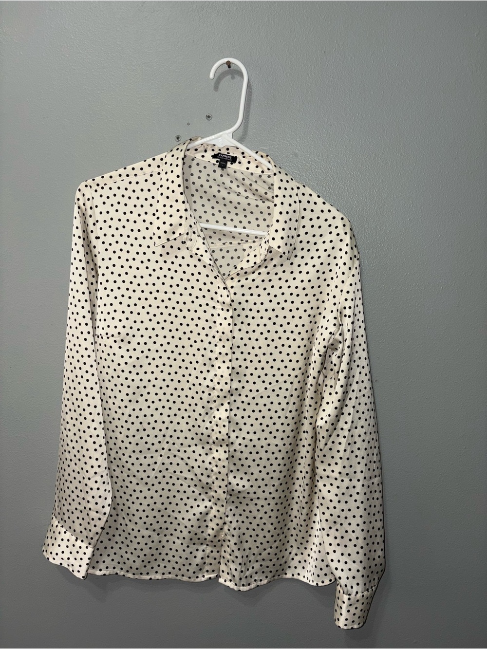 Express White Button-Down Shirt with Black Polka Dots